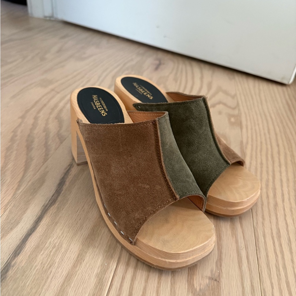 Swedish Hasbeens Suede Mules in Brown and Olive